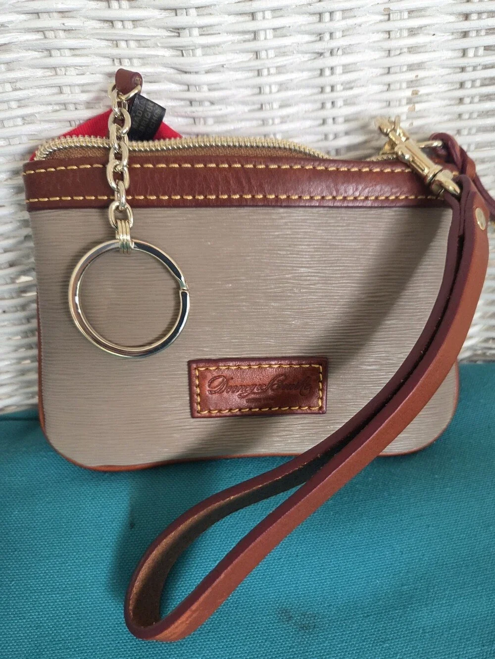 Dooney & Bourke Grey Clutch with Brown Leather Trim Wristlet, Key Ring